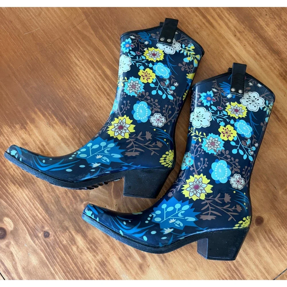 Western Floral Rubber Rain Boots Navy Blue Cowboy Style Block Heel Size 9